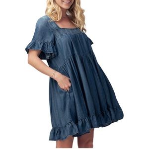 Easel Boho Babydoll Washed Denim Ruffle Tiered Dress With Pockets Size M